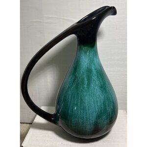 Blue Mountain Pottery Pitcher Vase Handled Green Black Drip Glaze 10" Canada MCM